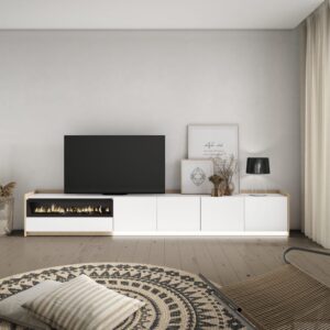 wohnli-moebel-suche-M26043289-1 TV-Möbel Holzeffekt weiß und eiche 310x37x50cm Kamin mit Feuereffekt 310x50x37cm Spanplatte Weiß Skraut home Möbel Wohnzimmermöbel TV-Möbel