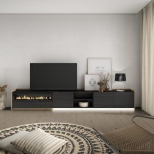 TV-Möbel Holzeffekt schwarz eiche 310x37x50cm Kamin mit Feuereffekt 310x50x37cm Spanplatte Schwarz Skraut home Möbel Wohnzimmermöbel TV-Möbel