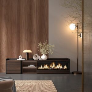 TV-Möbel Holzeffekt eiche schwarz 212x35x50cm Kamin mit Feuereffekt 212x50x35cm Spanplatte Braun Skraut home Möbel Wohnzimmermöbel TV-Möbel
