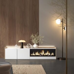 TV-Möbel Holzeffekt weiß und eiche 212x35x50cm Kamin mit Feuereffekt 212x50x35cm Spanplatte Weiß Skraut home Möbel Wohnzimmermöbel TV-Möbel