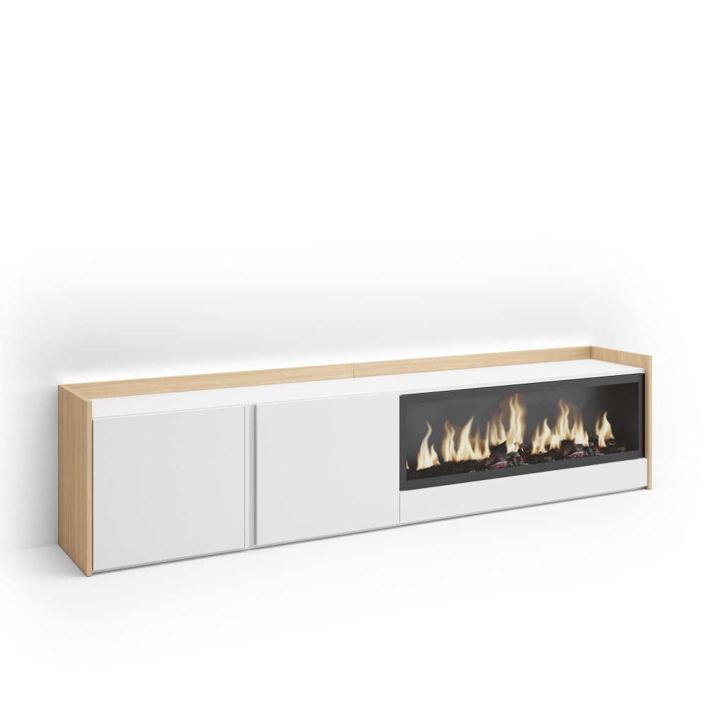 Wohnli Möbelsuche - TV-Möbel Holzeffekt weiß und eiche 212x35x50cm Kamin mit Feuereffekt