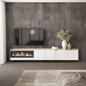 wohnli-moebel-suche-M26043295-1 TV-Möbel Holzeffekt weiß und eiche 315x35x50cm Kamin mit Feuereffekt 315x50x35cm Spanplatte Weiß Skraut home Möbel Wohnzimmermöbel TV-Möbel