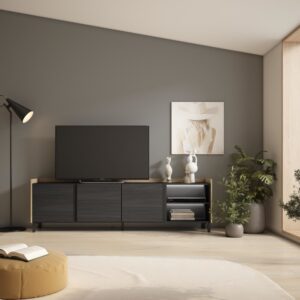 TV-Möbel Holzeffekt schwarz und eiche 207x35x61cm mit Beinen 207x61x35cm Spanplatte Schwarz Skraut home Möbel Wohnzimmermöbel TV-Möbel
