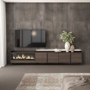 TV-Möbel Holzeffekt eiche schwarz 315x35x61cm Kamin mit Feuereffekt 315x61x35cm Spanplatte Braun Skraut home Möbel Wohnzimmermöbel TV-Möbel