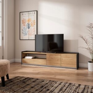 wohnli-moebel-suche-M26043308-1 TV-Möbel Holzeffekt eiche und schwarz 207x37x50cm mit Led 207x50x37cm Spanplatte Beige Skraut home Möbel Wohnzimmermöbel TV-Möbel
