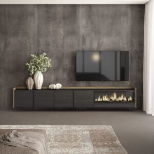 TV-Möbel Holzeffekt schwarz eiche 315x35x50cm Kamin mit Feuereffekt 315x50x35cm Spanplatte Schwarz Skraut home Möbel Wohnzimmermöbel TV-Möbel