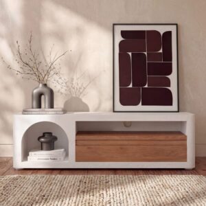 wohnli-moebel-suche-M26043310-1 TV-Möbel aus gebrochenem Weißgips 140 cm mit Schublade 140x45x35cm Beton Weiß Maison Pavane Möbel Wohnzimmermöbel TV-Möbel