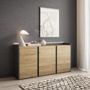 Sideboard Holzeffekt eiche und schwarz 156x35x80cm mit Led 156x80x35cm Spanplatte Beige Skraut home Möbel Esszimmermöbel Sideboards, Highboards & niedrige Anrichten