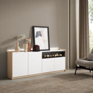 Sideboard Holzeffekt weiß und eiche 207x37x80cm Kamin mit Feuereffekt 207x80x37cm Spanplatte Weiß Skraut home Möbel Esszimmermöbel Sideboards, Highboards & niedrige Anrichten