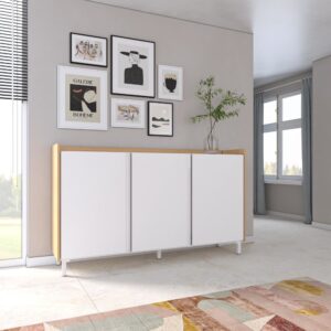 Sideboard Holzeffekt weiß und eiche 156x35x91cm mit Beinen 156x91x35cm Spanplatte Weiß Skraut home Möbel Esszimmermöbel Sideboards, Highboards & niedrige Anrichten