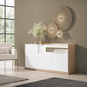 Sideboard Holzeffekt weiß und eiche 156x37x80cm mit Led 156x80x37cm Spanplatte Weiß Skraut home Möbel Esszimmermöbel Sideboards, Highboards & niedrige Anrichten