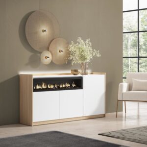 Sideboard Holzeffekt weiß und eiche 156x37x80cm Kamin mit Feuereffekt 156x80x37cm Spanplatte Weiß Skraut home Möbel Esszimmermöbel Sideboards, Highboards & niedrige Anrichten