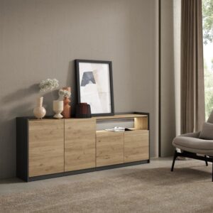 wohnli-moebel-suche-M26043325-1 Sideboard Holzeffekt eiche und schwarz 207x37x80cm mit Led 207x80x37cm Spanplatte Beige Skraut home Möbel Esszimmermöbel Sideboards, Highboards & niedrige Anrichten