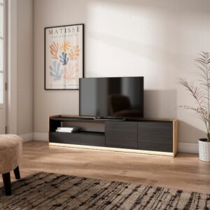 TV-Möbel Holzeffekt schwarz und eiche 207x37x50cm mit Led 207x50x37cm Spanplatte Schwarz Skraut home Möbel Wohnzimmermöbel TV-Möbel