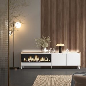 TV-Möbel Holzeffekt weiß und eiche 212x35x61cm Kamin mit Feuereffekt 212x61x35cm Spanplatte Weiß Skraut home Möbel Wohnzimmermöbel TV-Möbel