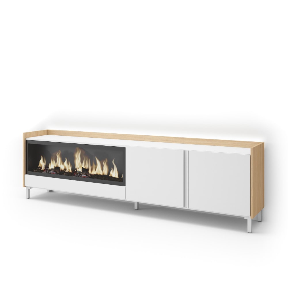 Wohnli Möbelsuche - TV-Möbel Holzeffekt weiß und eiche 212x35x61cm Kamin mit Feuereffekt