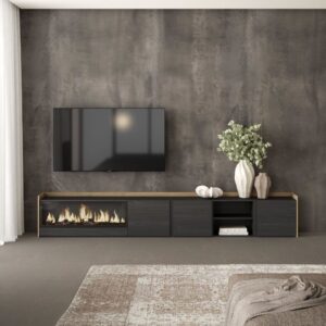 wohnli-moebel-suche-M26043334-1 TV-Möbel Holzeffekt schwarz eiche 315x35x50cm Kamin mit Feuereffekt 315x50x35cm Spanplatte Schwarz Skraut home Möbel Wohnzimmermöbel TV-Möbel