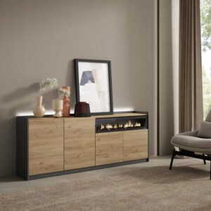 Sideboard Holzeffekt eiche schwarz 207x37x80cm Kamin mit Feuereffekt 207x80x37cm Spanplatte Beige Skraut home Möbel Esszimmermöbel Sideboards, Highboards & niedrige Anrichten
