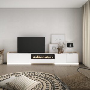 wohnli-moebel-suche-M26043339-1 TV-Möbel Holzeffekt weiß und eiche 310x37x50cm Kamin mit Feuereffekt 310x50x37cm Spanplatte Weiß Skraut home Möbel Wohnzimmermöbel TV-Möbel