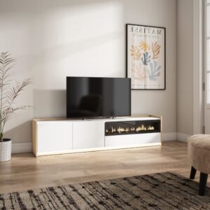 TV-Möbel Holzeffekt weiß und eiche 207x37x50cm Kamin mit Feuereffekt 207x50x37cm Spanplatte Weiß Skraut home Möbel Wohnzimmermöbel TV-Möbel