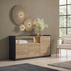 Sideboard Holzeffekt eiche und schwarz 156x37x80cm mit Led 156x80x37cm Spanplatte Beige Skraut home Möbel Esszimmermöbel Sideboards, Highboards & niedrige Anrichten