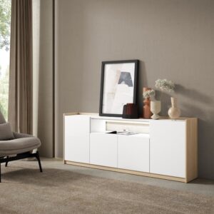 wohnli-moebel-suche-M26043345-1 Sideboard Holzeffekt weiß und eiche 207x37x80cm mit Led 207x80x37cm Spanplatte Weiß Skraut home Möbel Esszimmermöbel Sideboards, Highboards & niedrige Anrichten