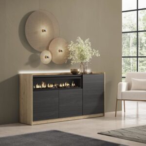Sideboard Holzeffekt schwarz eiche 156x37x80cm Kamin mit Feuereffekt 156x80x37cm Spanplatte Schwarz Skraut home Möbel Esszimmermöbel Sideboards, Highboards & niedrige Anrichten