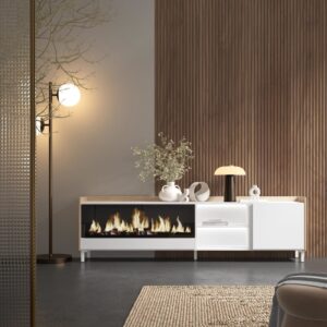 wohnli-moebel-suche-M26043355-1 TV-Möbel Holzeffekt weiß und eiche 212x35x61cm Kamin mit Feuereffekt 212x61x35cm Spanplatte Weiß Skraut home Möbel Wohnzimmermöbel TV-Möbel