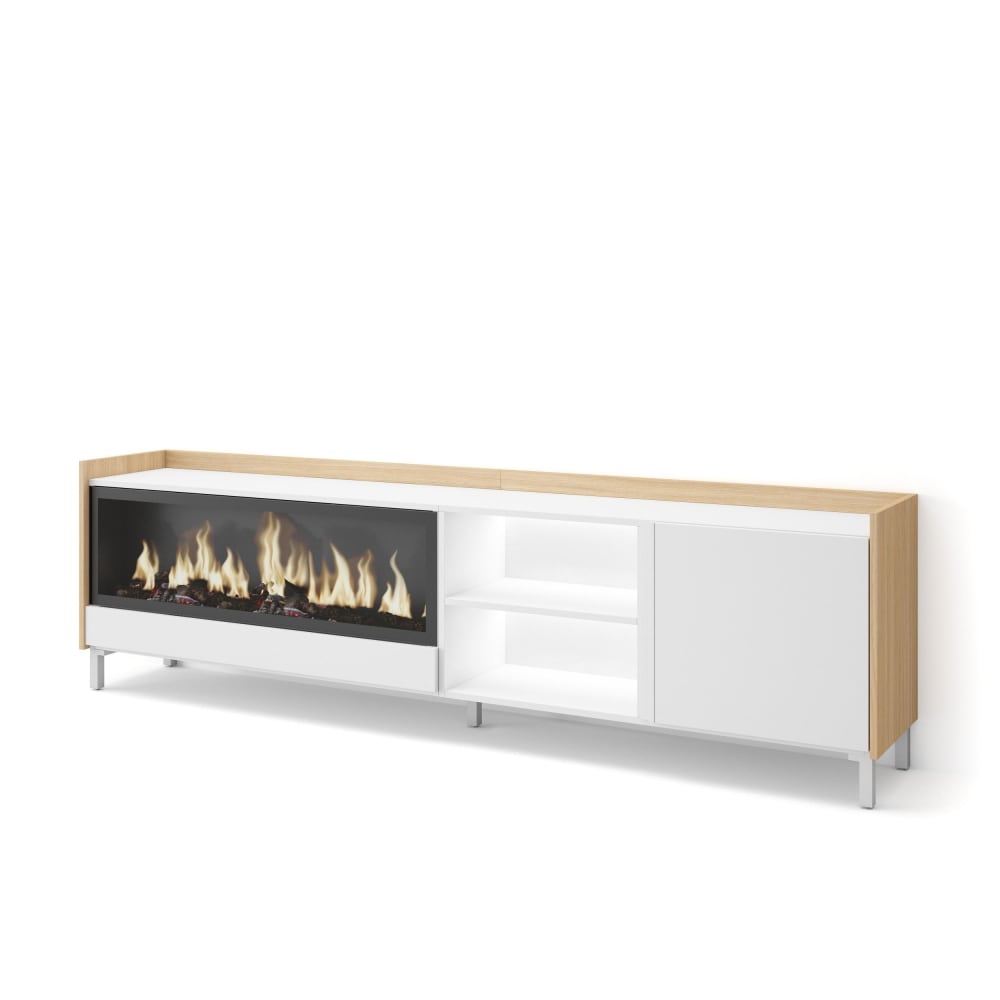 Wohnli Möbelsuche - TV-Möbel Holzeffekt weiß und eiche 212x35x61cm Kamin mit Feuereffekt