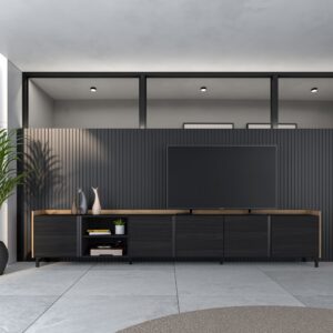 TV-Möbel Holzeffekt schwarz und eiche 309x35x61cm mit Beinen 309x61x35cm Spanplatte Schwarz Skraut home Möbel Wohnzimmermöbel TV-Möbel