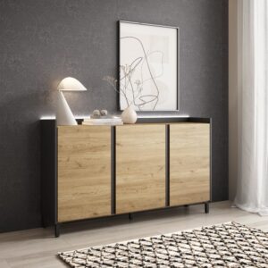 wohnli-moebel-suche-M26043357-1 Sideboard Holzeffekt eiche und schwarz 156x35x91cm mit Beinen 156x91x35cm Spanplatte Beige Skraut home Möbel Esszimmermöbel Sideboards, Highboards & niedrige Anrichten
