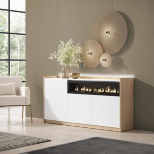 Sideboard Holzeffekt weiß und eiche 156x37x80cm Kamin mit Feuereffekt 156x80x37cm Spanplatte Weiß Skraut home Möbel Esszimmermöbel Sideboards, Highboards & niedrige Anrichten