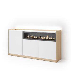 Wohnli Möbelsuche - Sideboard Holzeffekt weiß und eiche 156x37x80cm Kamin mit Feuereffekt