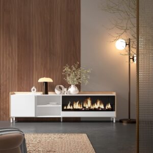 wohnli-moebel-suche-M26043364-1 TV-Möbel Holzeffekt weiß und eiche 212x35x61cm Kamin mit Feuereffekt 212x61x35cm Spanplatte Weiß Skraut home Möbel Wohnzimmermöbel TV-Möbel