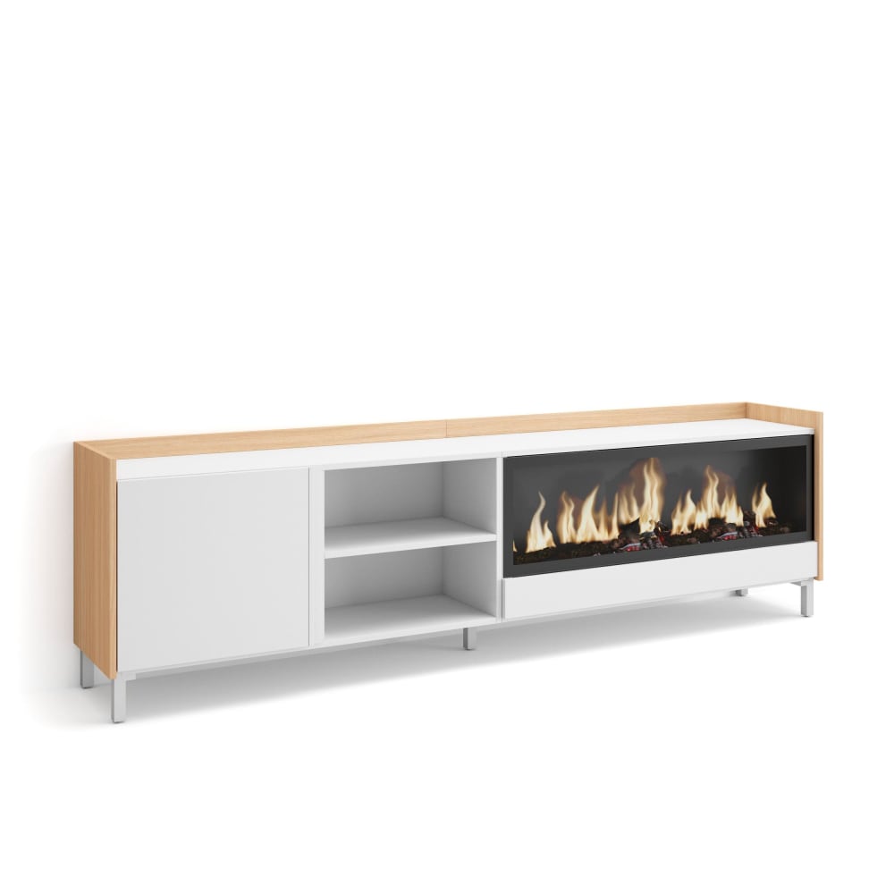 Wohnli Möbelsuche - TV-Möbel Holzeffekt weiß und eiche 212x35x61cm Kamin mit Feuereffekt