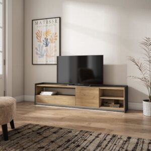 TV-Möbel Holzeffekt eiche und schwarz 207x37x50cm mit Led 207x50x37cm Spanplatte Beige Skraut home Möbel Wohnzimmermöbel TV-Möbel
