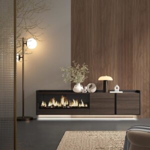 TV-Möbel Holzeffekt eiche schwarz 212x35x50cm Kamin mit Feuereffekt 212x50x35cm Spanplatte Braun Skraut home Möbel Wohnzimmermöbel TV-Möbel