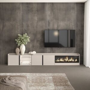 wohnli-moebel-suche-M26043375-1 TV-Möbel Holzeffekt beige 315x35x50cm Kamin mit Feuereffekt XXL 315x50x35cm Spanplatte Beige Skraut home Möbel Wohnzimmermöbel TV-Möbel