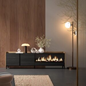 TV-Möbel Holzeffekt schwarz eiche 212x35x61cm Kamin mit Feuereffekt 212x61x35cm Spanplatte Schwarz Skraut home Möbel Wohnzimmermöbel TV-Möbel