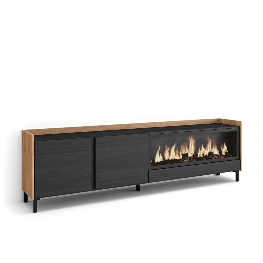 Wohnli Möbelsuche - TV-Möbel Holzeffekt schwarz eiche 212x35x61cm Kamin mit Feuereffekt