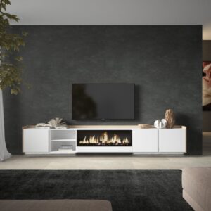 TV-Möbel Holzeffekt weiß und eiche 315x35x50cm Kamin mit Feuereffekt 315x50x35cm Spanplatte Weiß Skraut home Möbel Wohnzimmermöbel TV-Möbel