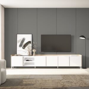 TV-Möbel Holzeffekt weiß und eiche 309x35x61cm mit Beinen 309x61x35cm Spanplatte Weiß Skraut home Möbel Wohnzimmermöbel TV-Möbel