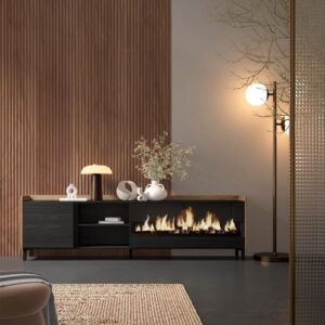 TV-Möbel Holzeffekt schwarz eiche 212x35x61cm Kamin mit Feuereffekt 212x61x35cm Spanplatte Schwarz Skraut home Möbel Wohnzimmermöbel TV-Möbel
