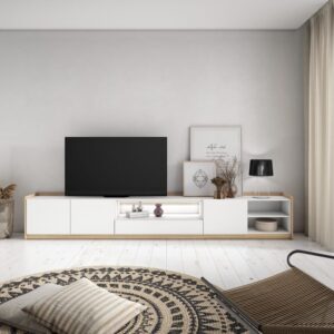 wohnli-moebel-suche-M26043385-1 TV-Möbel Holzeffekt weiß und eiche 310x37x50cm mit Led 310x50x37cm Spanplatte Weiß Skraut home Möbel Wohnzimmermöbel TV-Möbel