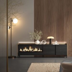 TV-Möbel Holzeffekt schwarz eiche 212x35x61cm Kamin mit Feuereffekt 212x61x35cm Spanplatte Schwarz Skraut home Möbel Wohnzimmermöbel TV-Möbel