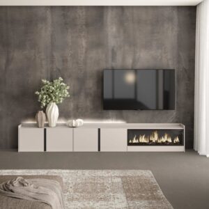 wohnli-moebel-suche-M26043397-1 TV-Möbel Holzeffekt beige 315x35x50cm Kamin mit Feuereffekt XXL 315x50x35cm Spanplatte Beige Skraut home Möbel Wohnzimmermöbel TV-Möbel