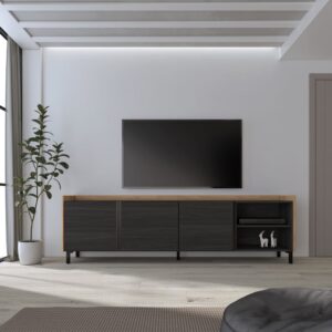 wohnli-moebel-suche-M26043405-1 TV-Möbel Holzeffekt schwarz und eiche 207x35x61cm mit Beinen 207x61x35cm Spanplatte Schwarz Skraut home Möbel Wohnzimmermöbel TV-Möbel