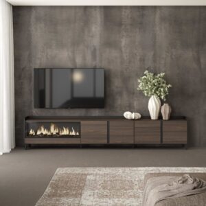 TV-Möbel Holzeffekt eiche schwarz 315x35x61cm Kamin mit Feuereffekt 315x61x35cm Spanplatte Braun Skraut home Möbel Wohnzimmermöbel TV-Möbel