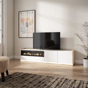 wohnli-moebel-suche-M26043407-1 TV-Möbel Holzeffekt weiß und eiche 207x37x50cm Kamin mit Feuereffekt 207x50x37cm Spanplatte Weiß Skraut home Möbel Wohnzimmermöbel TV-Möbel
