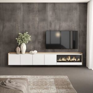 wohnli-moebel-suche-M26043410-1 TV-Möbel Holzeffekt weiß und eiche 315x35x50cm Kamin mit Feuereffekt 315x50x35cm Spanplatte Weiß Skraut home Möbel Wohnzimmermöbel TV-Möbel